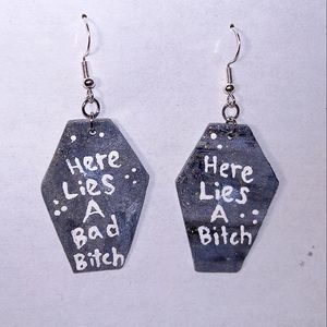 Here lies a bad b i t c h coffin earrings